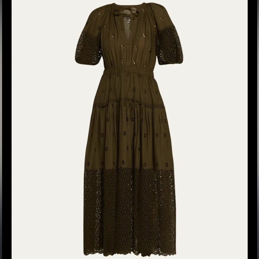 Ulla Johnson Olive Eyelet Tiered Maxi Dress